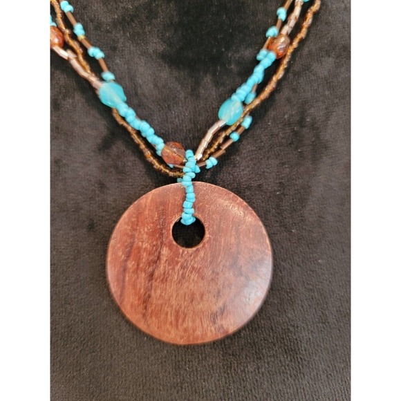 Women Fashion Brown Faux Jade Circle Turquoise Beads Pendant Lobster Clasp - Picture 3 of 6